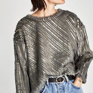 NWOT Zara Gray and Gold Striped Fringe Sweater Size S
